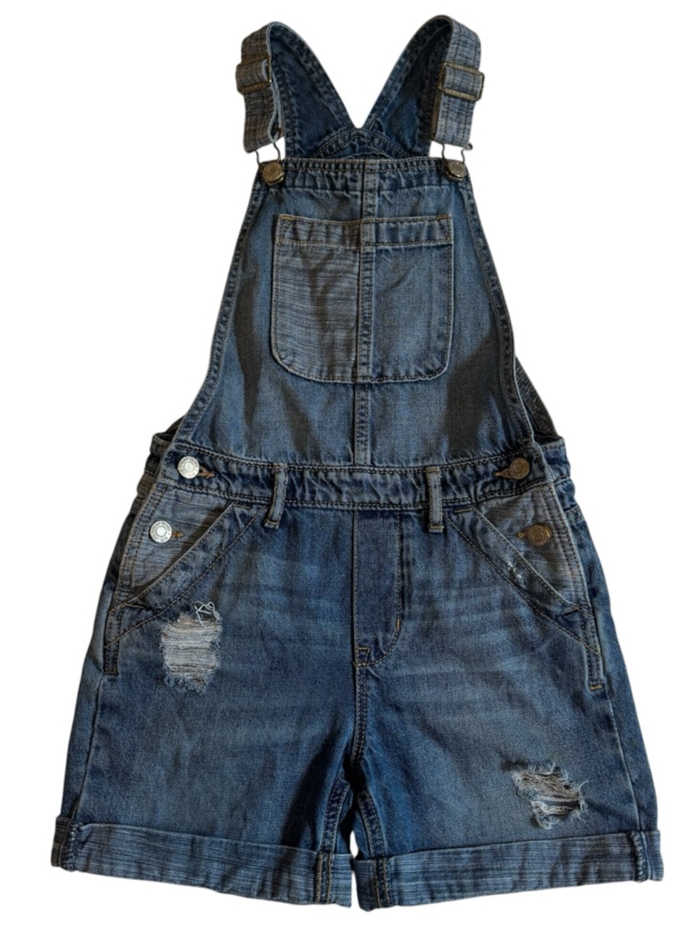 Gap Kids Girls Denim Shortalls Overalls Size M Blue Distressed Patchwork Chore